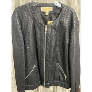 Michael Kors Women Black Faux Leather Bomber Perforated Jacket Sz Large NWT $195